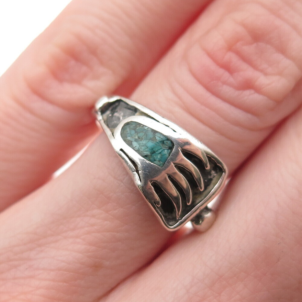 Old Pawn 925 Sterling Silver Vintage Turquoise Inlay Bear Paw Ring Size 5.75